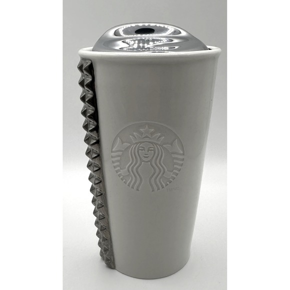 Starbucks Other - Starbucks 2014 Triangle Studded Ceramic Travel Tumbler 10oz White Silver Lid